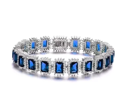 Lab Created White Gold Plated with Blue Cubic Zirconia Rectangular Halo Cluster Link Vintage Tennis Bracelet