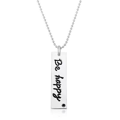 Lab Created Sterling Silver White Gold Plated with Cubic Zirconia "Be Happy" Engraved Pendant Necklace
