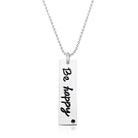 Lab Created Sterling Silver White Gold Plated with Cubic Zirconia "Be Happy" Engraved Pendant Necklace