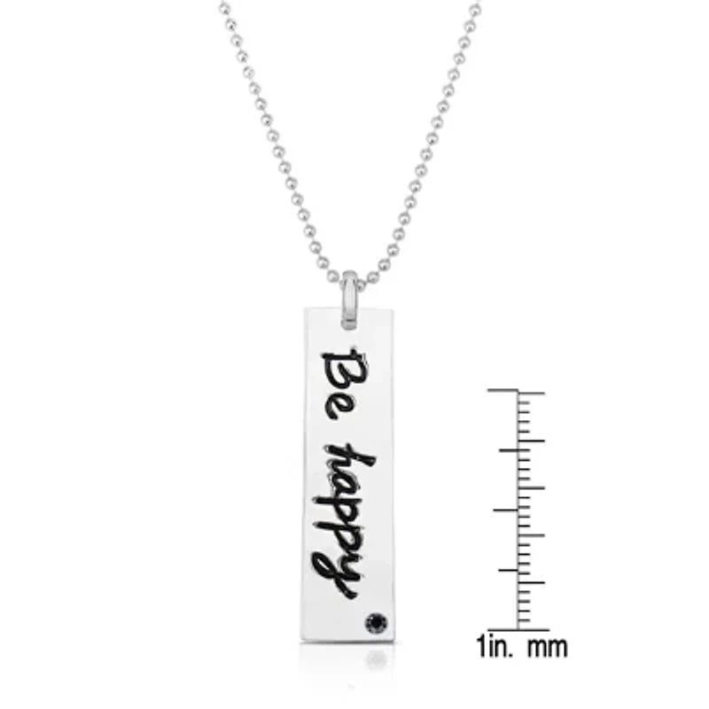 Lab Created Sterling Silver White Gold Plated with Cubic Zirconia "Be Happy" Engraved Pendant Necklace
