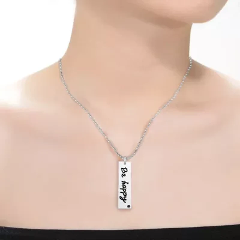 Lab Created Sterling Silver White Gold Plated with Cubic Zirconia "Be Happy" Engraved Pendant Necklace