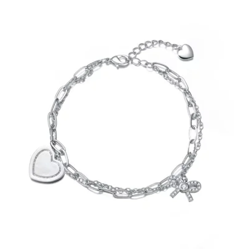 Lab Created Sterling Silver Rhodium Plated with Heart Paper Clip Chains Bracelet