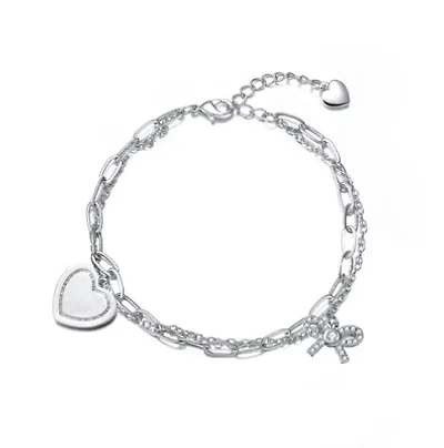 Lab Created Sterling Silver Rhodium Plated with Heart Paper Clip Chains Bracelet