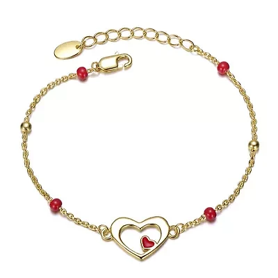 Sterling Silver 14K Gold Plated with Alternating Red and Silver Pearls Link Chain Bracelet for Kids/Teens