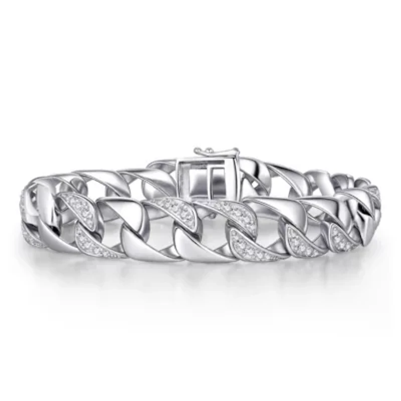 Lab Created Men's Sterling Silver White Gold Plated with Iced Out Cubic Zirconia Miami Cuban Chain Bracelet