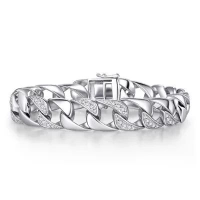 Lab Created Men's Sterling Silver White Gold Plated with Iced Out Cubic Zirconia Miami Cuban Chain Bracelet