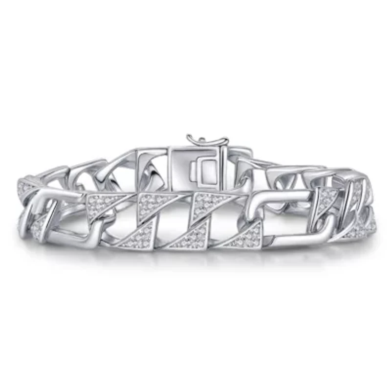 Lab Created Men's Sterling Silver White Gold Plated with Iced Out Cubic Zirconia Mixed Cuban Chain Bracelet