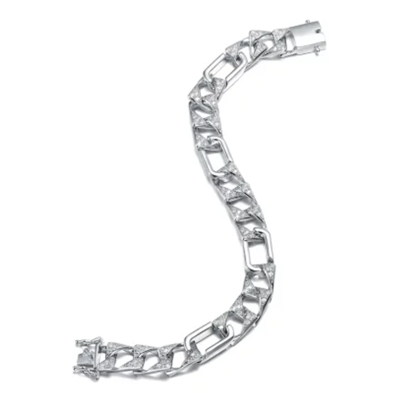 Lab Created Men's Sterling Silver White Gold Plated with Iced Out Cubic Zirconia Mixed Cuban Chain Bracelet