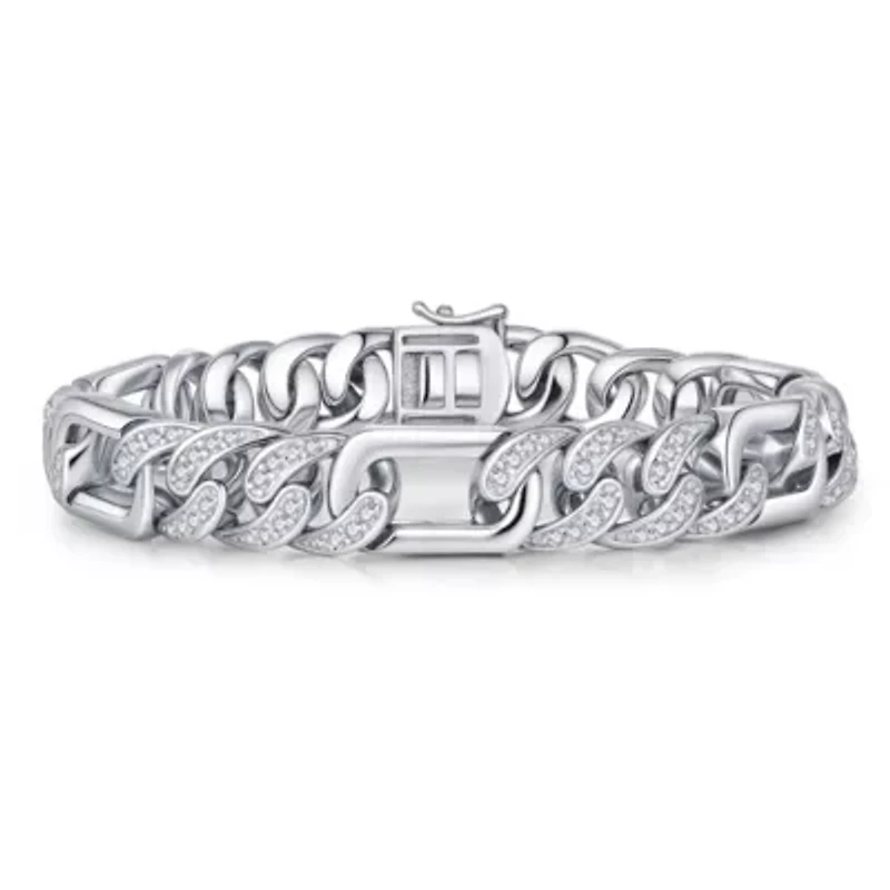 Lab Created Men's Sterling Silver White Gold Plated with Iced Out Cubic Zirconia Oblong Curb Chain Bracelet