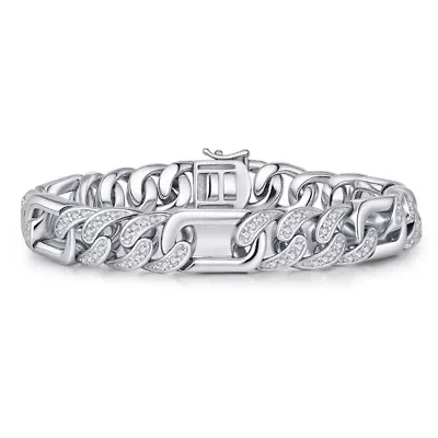 Lab Created Men's Sterling Silver White Gold Plated with Iced Out Cubic Zirconia Oblong Curb Chain Bracelet