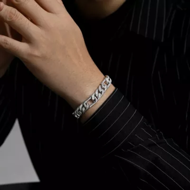 Lab Created Men's Sterling Silver White Gold Plated with Iced Out Cubic Zirconia Oblong Curb Chain Bracelet