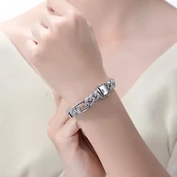 Lab Created Men's Sterling Silver White Gold Plated with Iced Out Cubic Zirconia Oblong Curb Chain Bracelet