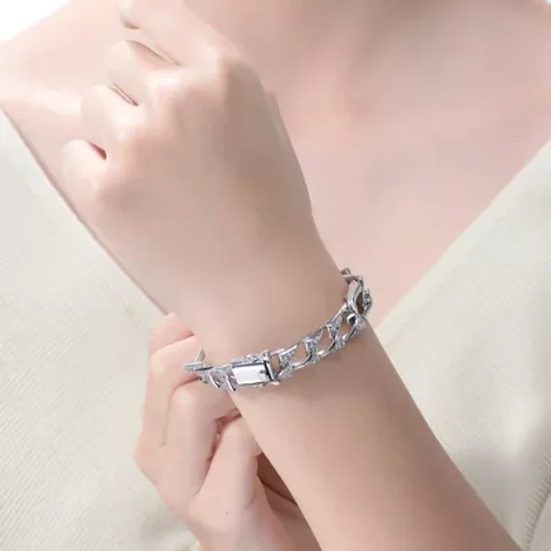 Lab Created Men's Sterling Silver White Gold Plated with Iced Out Cubic Zirconia Oblong Curb Chain Bracelet