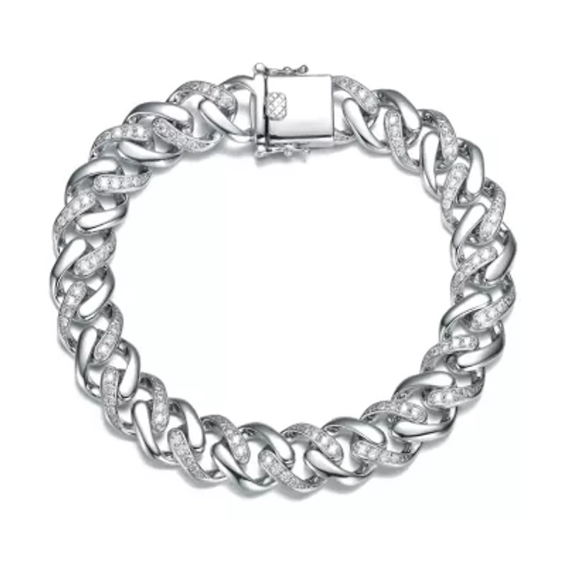 Lab Created Bold Men's White Gold Plated Curb Chain Bracelet with Iced Out Cubic Zirconia in Sterling Silver