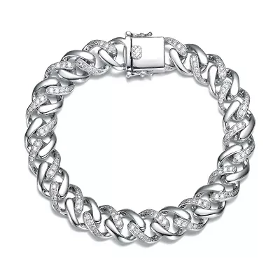 Lab Created Bold Men's White Gold Plated Curb Chain Bracelet with Iced Out Cubic Zirconia in Sterling Silver