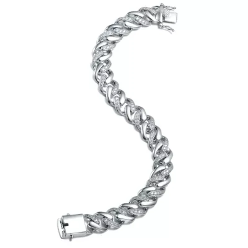 Lab Created Bold Men's White Gold Plated Curb Chain Bracelet with Iced Out Cubic Zirconia in Sterling Silver