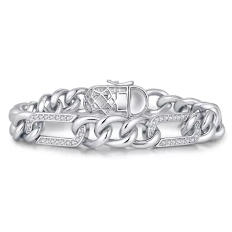 Lab Created Men's Sterling Silver White Gold Plated with Iced Out Cubic Zirconia Paper Clip Curb Chain Bracelet