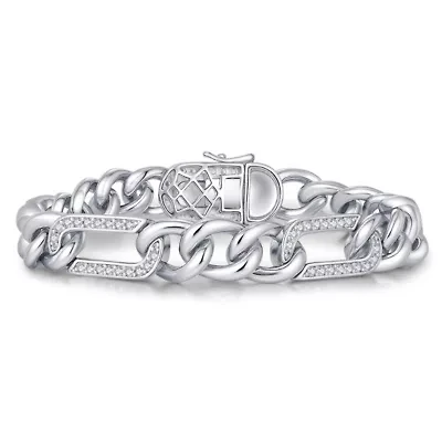 Lab Created Men's Sterling Silver White Gold Plated with Iced Out Cubic Zirconia Paper Clip Curb Chain Bracelet