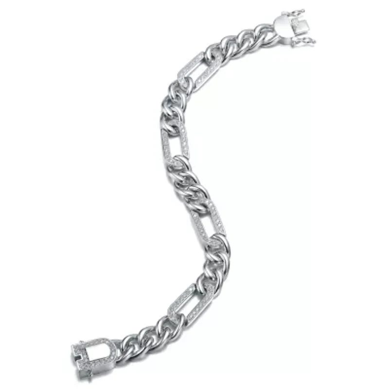 Lab Created Men's Sterling Silver White Gold Plated with Iced Out Cubic Zirconia Paper Clip Curb Chain Bracelet