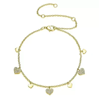Lab Created Sterling Silver 14K Gold Plated Cubic Zirconia Heart Charm Bracelet