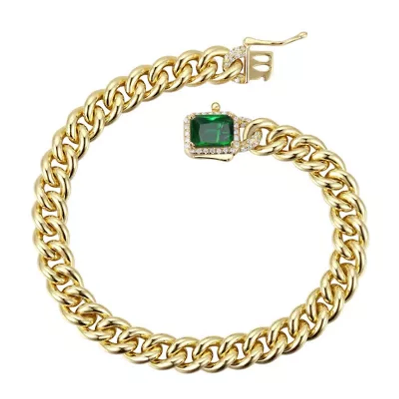 Lab Created Luxurious Sterling Silver Curb Chain Bracelet with 14k Gold Plated Cubic Zirconia Halo Cluster