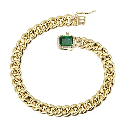 Lab Created Luxurious Sterling Silver Curb Chain Bracelet with 14k Gold Plated Cubic Zirconia Halo Cluster