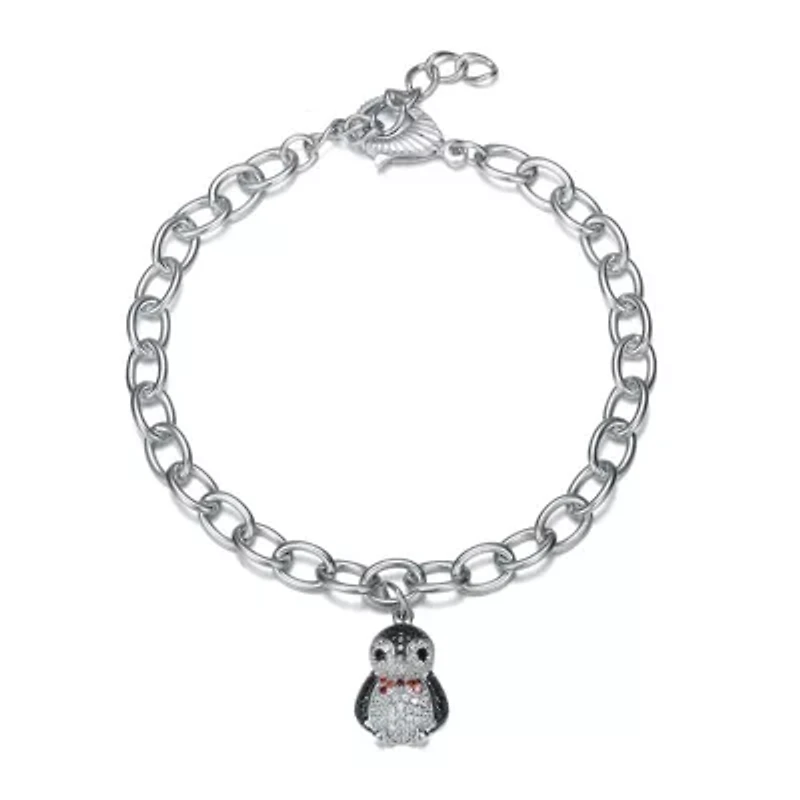 Lab Created White Gold Plated with Ruby Red, Black and White Cubic Zirconia Penguin Charm Bracelet in Sterling Silver