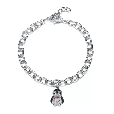 Lab Created White Gold Plated with Ruby Red, Black and White Cubic Zirconia Penguin Charm Bracelet in Sterling Silver