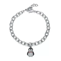 Lab Created White Gold Plated with Ruby Red, Black and White Cubic Zirconia Penguin Charm Bracelet in Sterling Silver