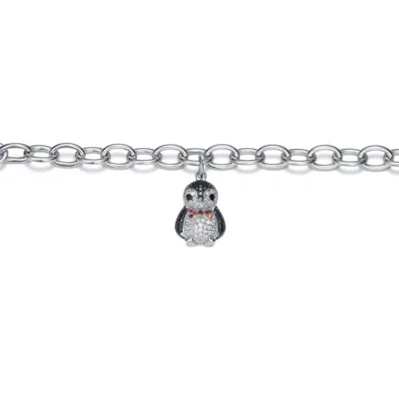 Lab Created White Gold Plated with Ruby Red, Black and White Cubic Zirconia Penguin Charm Bracelet in Sterling Silver