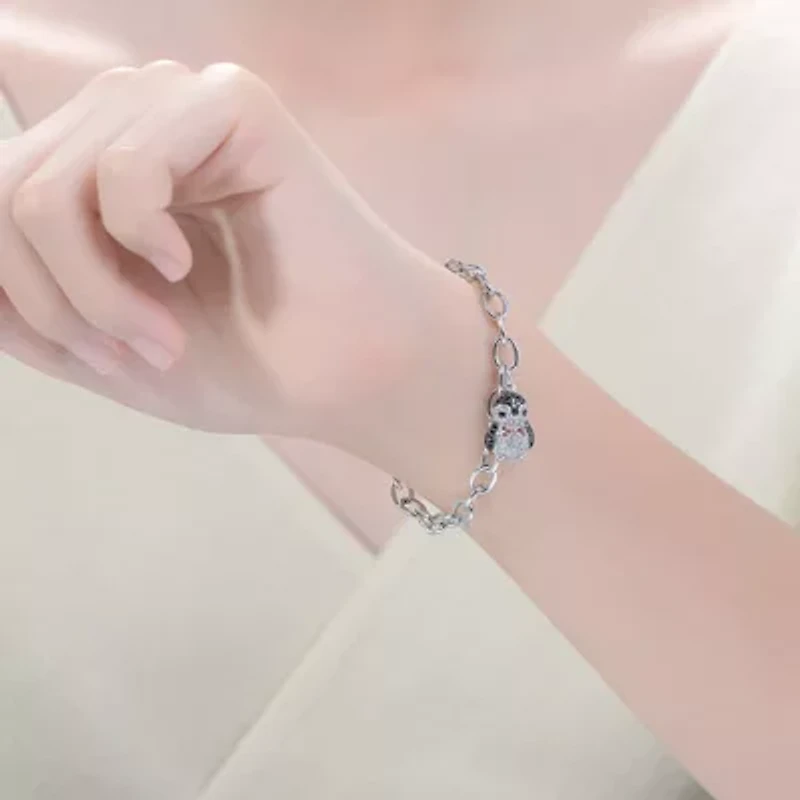 Lab Created White Gold Plated with Ruby Red, Black and White Cubic Zirconia Penguin Charm Bracelet in Sterling Silver