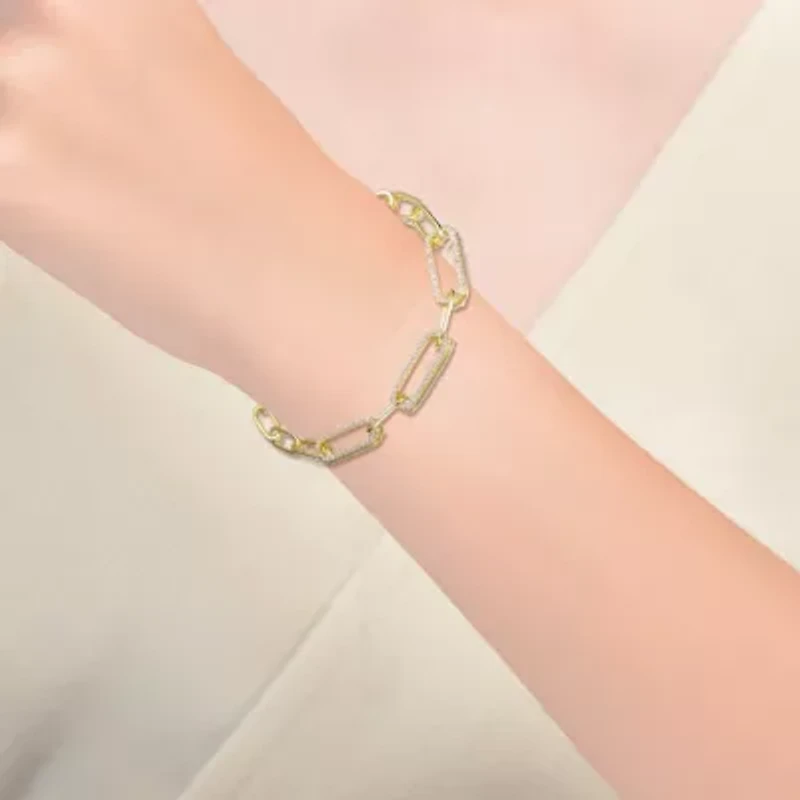 Lab Created Sterling Silver Teens 14k Gold Plated with Cubic Zirconia French Pave Slinky Oval Cable Link Bracelet - Adjustable in Length