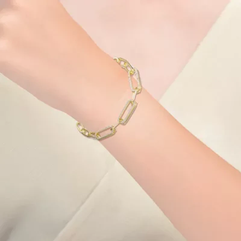 Lab Created Sterling Silver Teens 14k Gold Plated with Cubic Zirconia French Pave Slinky Oval Cable Link Bracelet - Adjustable in Length