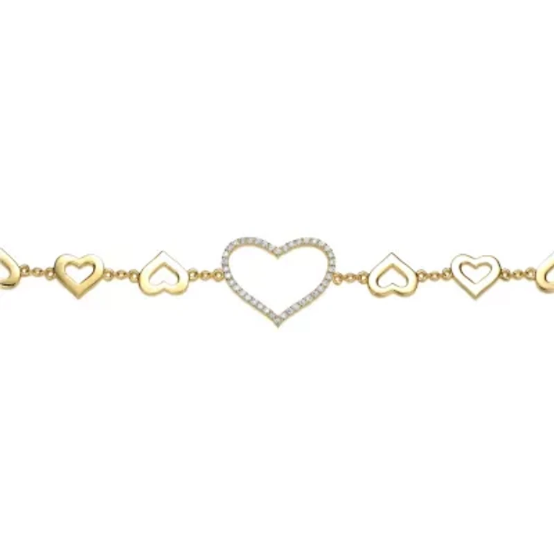 Lab Created Sterling Silver with Clear Cubic Zirconia Heart Halo Charm Bracelet Kids/Teens