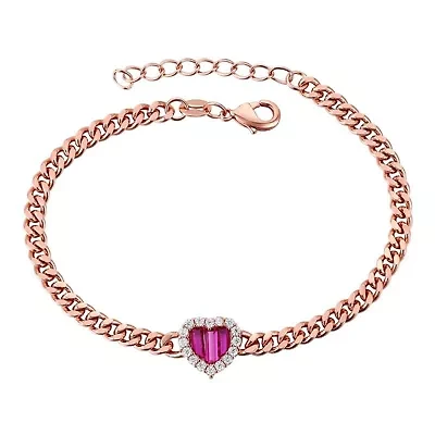 Lab Created Sterling Silver 18K Rose Gold Plated with Ruby Red Heart Cubic Zirconia Charm Bracelet