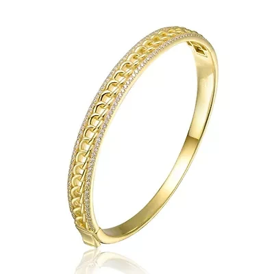 Lab Created Sterling Silver 14K Gold Plated with Clear Cubic Zirconia Chain Link Stiff Bangle Bracelet