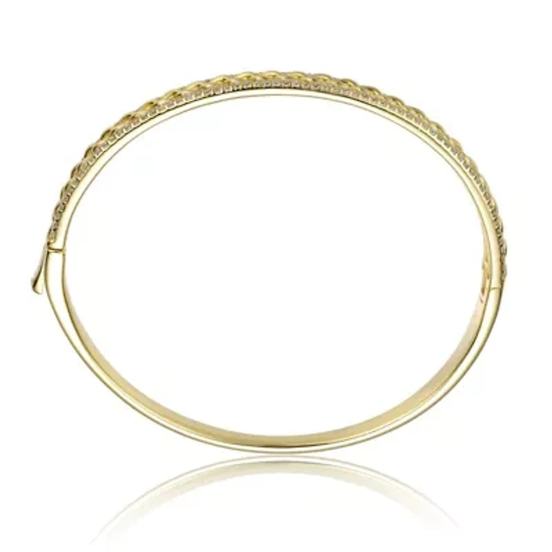 Lab Created Sterling Silver 14K Gold Plated with Clear Cubic Zirconia Chain Link Stiff Bangle Bracelet