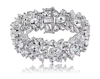Lab Created Sterling Silver White Gold Plated with Clear Cubic Zirconia Flower Bracelet