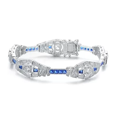 Lab Created Sterling Silver White Gold Plated Clear and Blue Cubic Zirconia Oval Link Bracelet