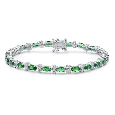 Lab Created Sterling Silver White Gold Plated with Clear Round and Green Marquise Cubic Zirconia Tennis Bracelet