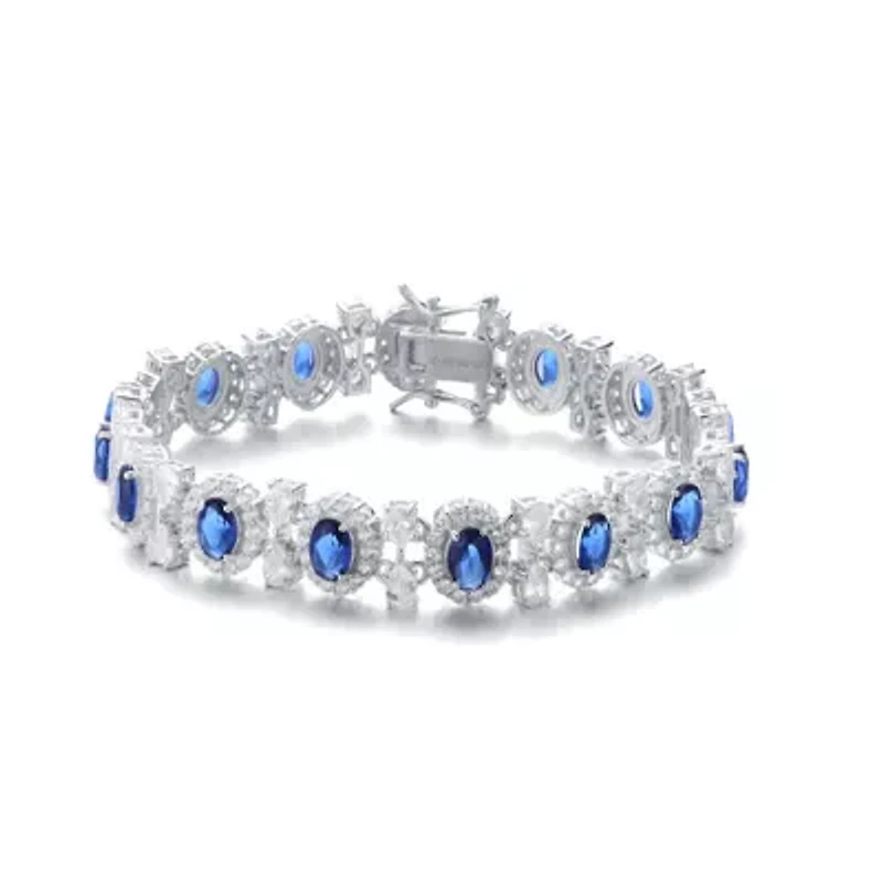 Lab Created Sterling Silver White Gold Plated with Sapphire Blue Cubic Zirconia 'Bling' Bracelet
