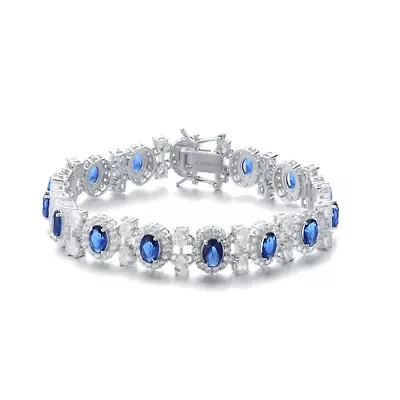 Lab Created Sterling Silver White Gold Plated with Sapphire Blue Cubic Zirconia 'Bling' Bracelet