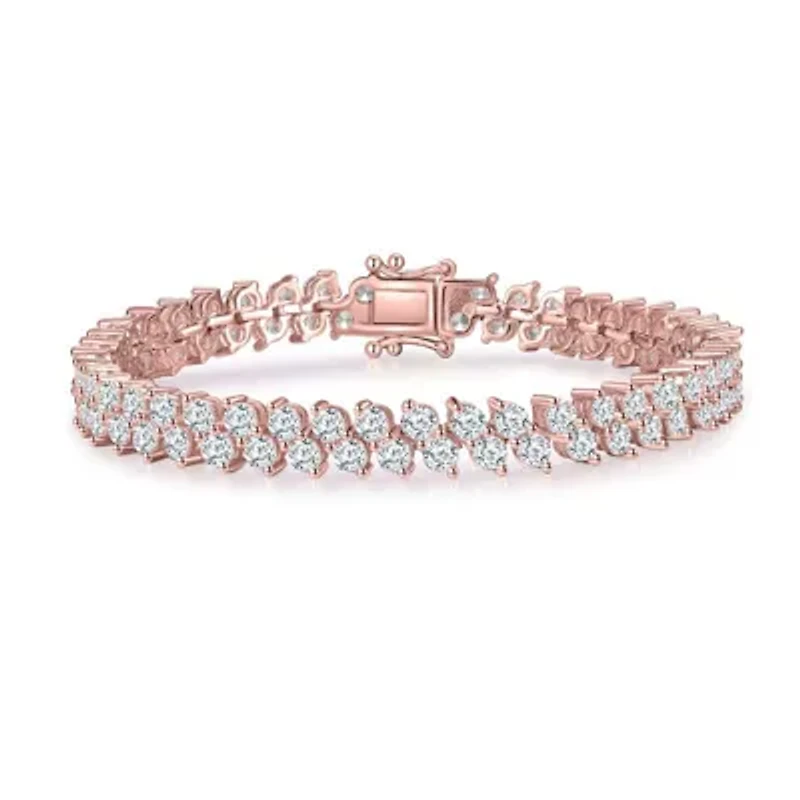 Lab Created Sterling Silver 18K Rose Gold Plated with Clear Cubic Zirconia Icicle Cluster Double Row Tennis Bracelet