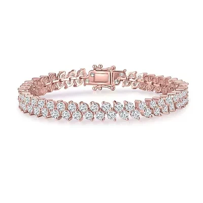 Lab Created Sterling Silver 18K Rose Gold Plated with Clear Cubic Zirconia Icicle Cluster Double Row Tennis Bracelet