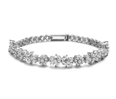 Lab Created Sterling Silver White Gold Plated with Clear Round and Marquise Cubic Zirconia Cluster Flower-Inspired Tennis Bracelet