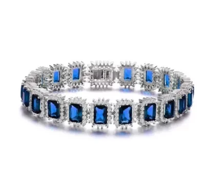 Lab Created Sterling Silver White Gold Plated with Sapphire Blue Cubic Zirconia Rectangular Halo Cluster Link Vintage Tennis Bracelet