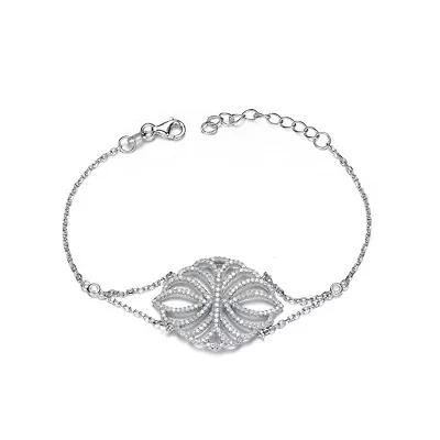 Lab Created Sterling Silver White Gold Plated with Clear Cubic Zirconia Dainty Flower Design Bracelet