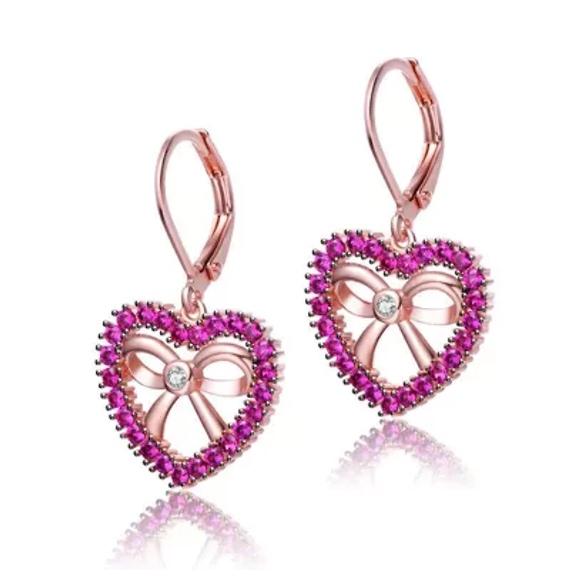 Lab Created 18k Rose Gold Plated with Ruby Cubic Zirconia Infinity Ribbon & Heart Dangle Earrings for Kids