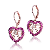 Lab Created 18k Rose Gold Plated with Ruby Cubic Zirconia Infinity Ribbon & Heart Dangle Earrings for Kids