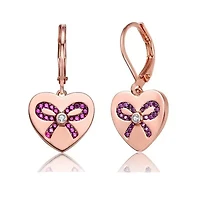 Lab Created 18K Rose Gold Plated with Cear Cubic Zirconia Infinity Ribbon Paved on Heart Shaped Dangle Earrings for Kids/ Teens